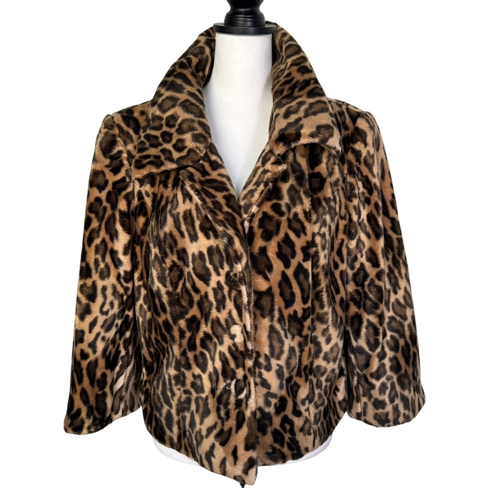 LANE BRYANT Women's 14 Leopard Animal Print Faux Fur Jacket Coat Collar Buttons